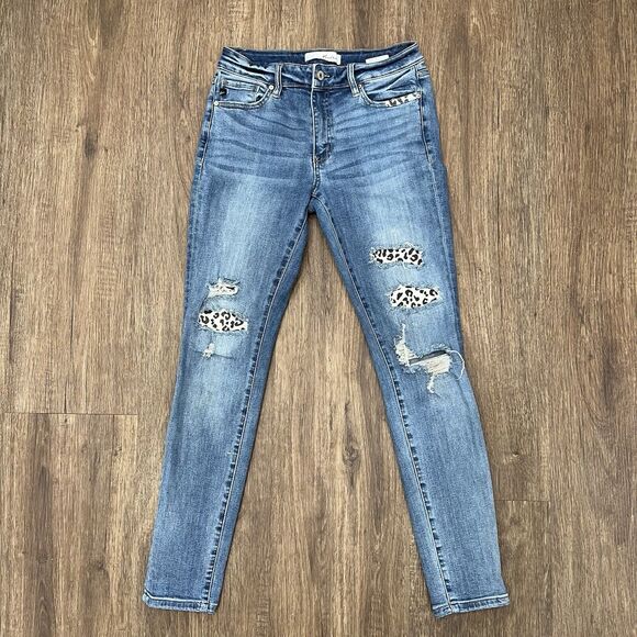KanCan Size 9 28 Jeans Leopard Patched Holes Distressed Mid Rise Skinny Stretch - Picture 2 of 11